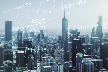 Fototapeta na wymiar Scientific formula illustration on Chicago cityscape background, science and research concept. Multiexposure
