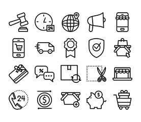 piggy bank and shopping online icon set, line style