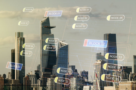 Multi exposure of abstract software development hologram on New York city skyscrapers background, research and analytics concept