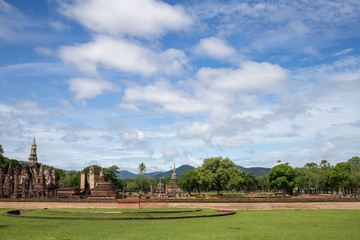 Beautiful scenery of Sukhothai Historical Park, Thailand in the morning with a sky background. Is a place that is famous and very popular with both Thai and foreigners with copy space
