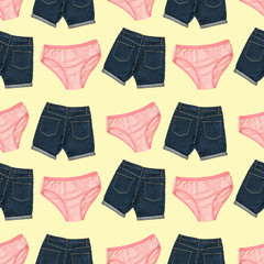 Pink panties and denim shorts on a light background.