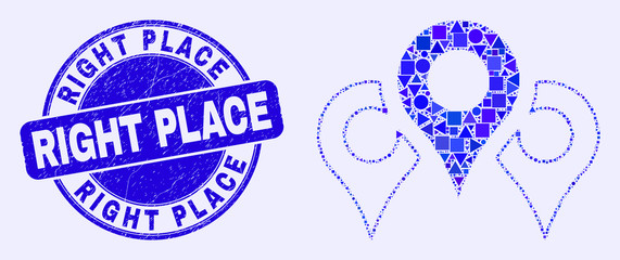 Geometric map markers mosaic icon and Right Place seal stamp. Blue vector rounded grunge seal stamp with Right Place message. Abstract mosaic of map markers designed of round, triangles,