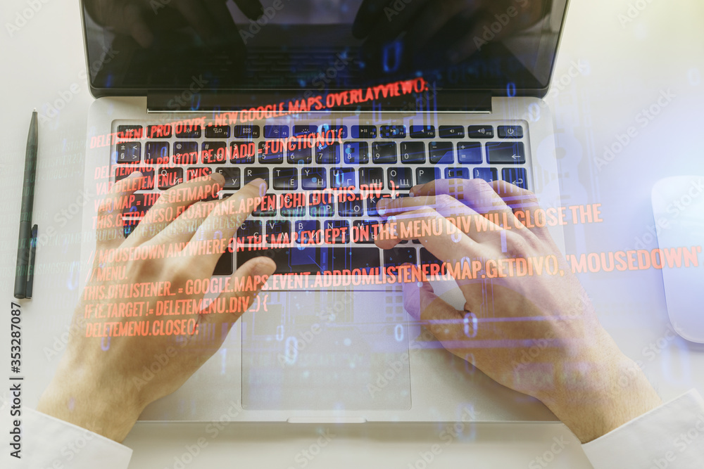 Poster abstract creative coding concept with hands typing on laptop on background. multiexposure