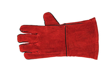 Welder's glove with the left hand isolated on a white background.
