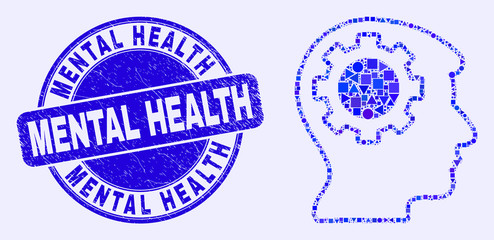 Geometric gear thinking head mosaic icon and Mental Health stamp. Blue vector rounded textured stamp with Mental Health text. Abstract mosaic of gear thinking head organized of spheric, tringle,