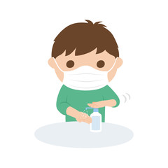 マスクをつけている男性がスプレータイプの除菌用アルコールで手を消毒しているイラスト。