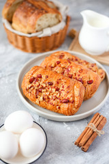 breakfast with puffs, milk, bread and eggs