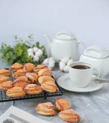 sweet biscuits with a cup of coffee on light background 