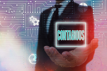 Conceptual hand writing showing Contagious. Concept meaning transmissible by direct or indirect...