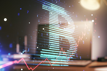 Creative Bitcoin concept with modern laptop background. Multiexposure