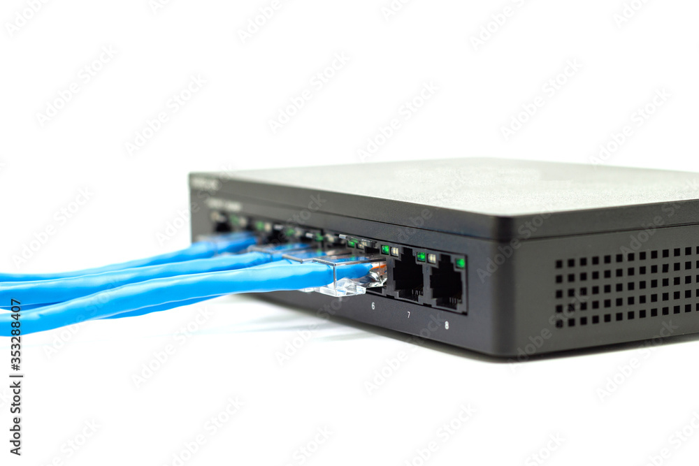Poster the blue network cables connect port switch on white table concept internet network connection