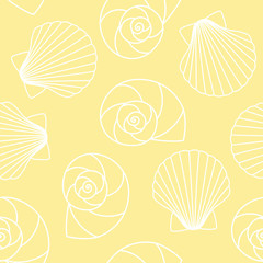 white different types of seashells nautilus pompilius, oyster spiral on yellow background sea ocean shell pattern seamless vector