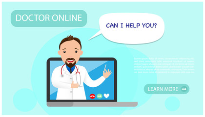 Doctor online on your laptop. Online medicine, consultation and diagnosis concept. Web banner for medical app. Ask doctor online. Help and support. Vector illustration.