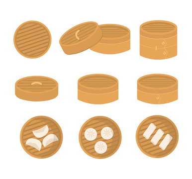 Set of Chinese bamboo steamer in different angle. Serving of dimsum dumplings, gyoza. Flat vector cartoon illustration.