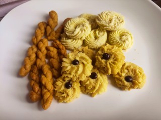 Kue Sagu Keju, Kue Tambang and Kue Semprit Mawar. Cookies for Ramadhan and Idul Fitri, The Great Islamic Day. Selective Focus.