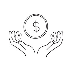 Obraz premium Simple doodle hand with a coin line icon. Symbol and sign vector illustration design. hand drawing cartoon