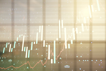 Multi exposure of virtual abstract financial graph interface on modern interior background, financial and trading concept