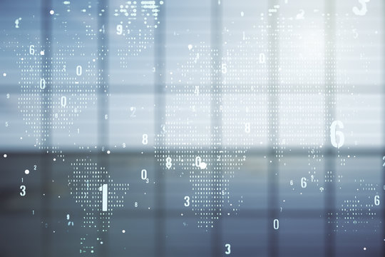 Multi exposure of abstract graphic coding sketch and world map on modern interior background, big data and networking concept