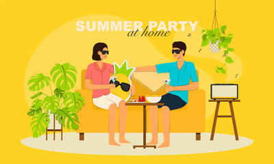 Summer party at home, male and female sitting on couch, drinks and eating summer fruits at home