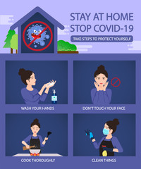 Fototapeta na wymiar Stay at home stop Covid-19 concept Infographic with stay safe and stay clean measure