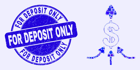 Geometric payment aggregator mosaic icon and For Deposit Only stamp. Blue vector round grunge seal stamp with For Deposit Only caption. Abstract mosaic of payment aggregator composed of circle,