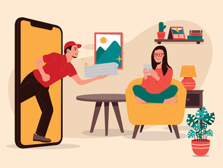 Women Order Online Food Delivery Vector illustration