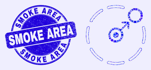 Geometric move to circle perimeter mosaic icon and Smoke Area seal stamp. Blue vector round scratched seal stamp with Smoke Area caption.