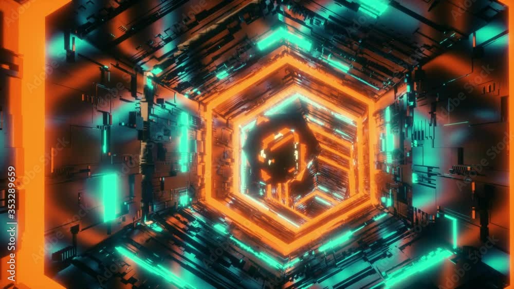 Poster abstract background with a specular polyhedron flying through the hexagon tunnel illuminated by colo