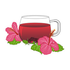 Cup of tea with hibiskus rose flowers. Background design for tea, homeopathy, herbal cosmetics, grocery, health care products with hibiskus tea or karkade. Vector isolated illustration © Katya Bahr