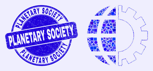 Geometric global industry mosaic pictogram and Planetary Society stamp. Blue vector round textured stamp with Planetary Society title. Abstract mosaic of global industry made of circle, triangles,