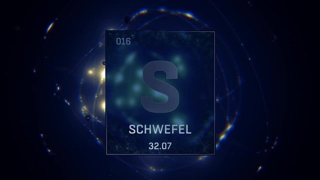 Sulfur as Element 16 of the Periodic Table. Seamlessly looping 3D animation on blue illuminated atom design background orbiting electrons name, atomic weight element number in German language