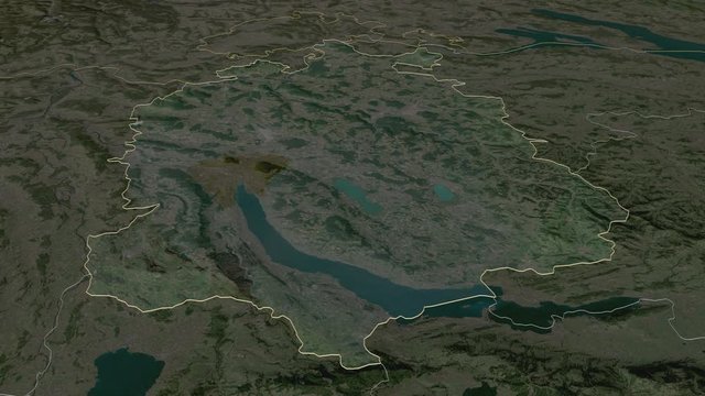 Z&uuml;rich, canton with its capital, zoomed and extruded on the satellite map of Switzerland in the conformal Stereographic projection. Animation 3D