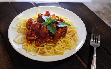 Chicken Spaghetti Tomato Sauce on Dark Background