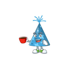 A mascot design character of blue party hat drinking a cup of coffee