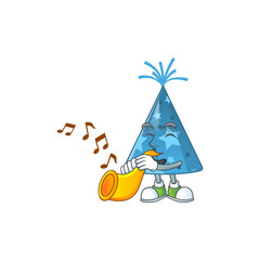 Naklejka premium Talented musician of blue party hat mascot design playing music with a trumpet