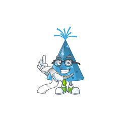 cartoon mascot design of blue party hat holding a menu list