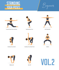 Set of yoga poses for concept balancing, standing poses in flat design style. Strong Woman exercising for body stretching. Yoga posture or asana for beginner infographic. Workout Vector Illustration