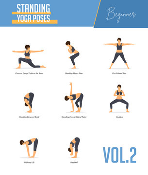 Vetor do Stock: Set of yoga poses for concept balancing, standing poses in  flat design style. Strong Woman exercising for body stretching. Yoga posture  or asana for beginner infographic. Workout Vector Illustration