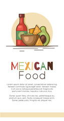 Vertical banner with mexican food and place for text. Avocado guacamole with nachos corn chips, spicy sauce and lettering. Vector template for menu, card, recipe and your design.