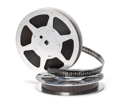Film reel with filmstrip isolated on white background.