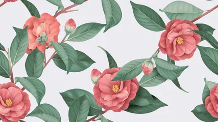 Gordijnen Floral seamless pattern, red Semi-double Camellia flowers with leaves on bright grey © momosama