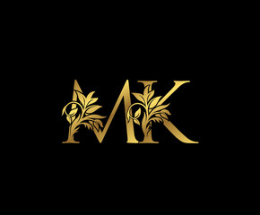 Golden M, K and MK Letter Floral logo. Vintage drawn emblem for book design, Letter Stamp, weeding card, brand name, business card, Restaurant, Boutique, Hotel.