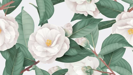 Naadloze bloemmotief, witte Semi-dubbele Camellia bloemen met bladeren op helder grijs © momosama