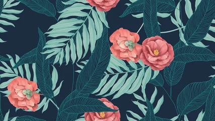 Poster Floral seamless pattern, red Semi-double Camellia flowers with various leaves on dark blue © momosama