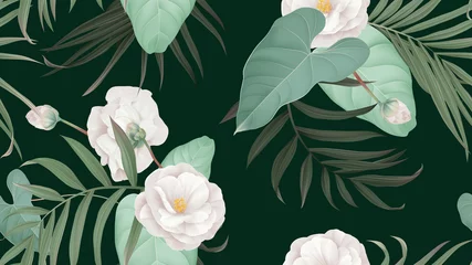 Poster Floral seamless pattern, white Semi-double Camellia flowers with various leaves on dark green © momosama
