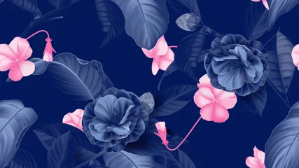 Wandaufkleber Floral seamless pattern, Semi-double Camellia flowers with pansy flowers in blue and pink on blue © momosama