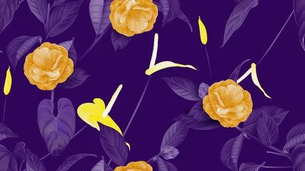 Foto op Plexiglas anti-reflex Floral seamless pattern, Semi-double Camellia flowers with Anthurium flowers in purple, orange and yellow on purple © momosama