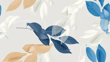 Gordijnen Gebladerte naadloos patroon, verschillende bladeren in blauw, bruin en wit op helder grijs © momosama
