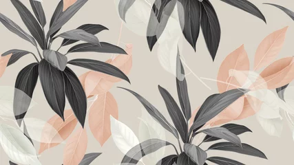 Gardinen Nahtloses Laubmuster, verschiedene Blätter in Braun, Schwarz und Weiß auf hellem Braun © momosama