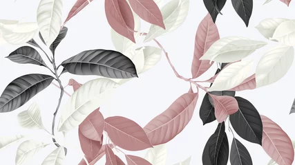 Foto op Plexiglas Foliage seamless pattern, various leaves in brown, black and white on bright grey © momosama